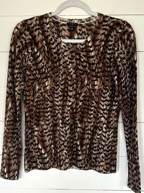 Talbots Brown & Cream Feather Inspired Long Sleeve Cardigan, Size SP